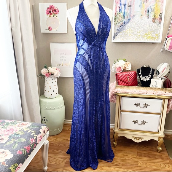 Blue Halter Prom Gown dress size 4 MISSING MANY GEMS - Picture 7 of 14
